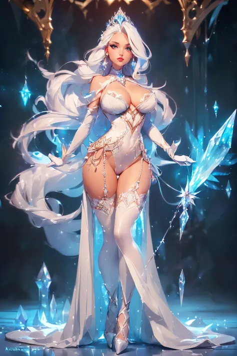 ((full body figure))((Ice throne))((sexy tall russian supermodel)) ((beautiful face)) (red lipstick) ((big bright light blue eyes)) ((very long straight platinum blonde hair)) ((pale skin)) ((very huge breast:1.5)) ((perfect body:1.3)) (((wears fantasy whi...