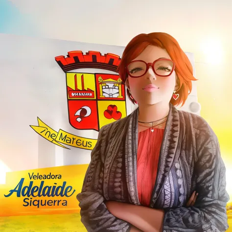 woman in front of a large number of people with a sunset in the background, vereadora, com blazer preto e cinza e blusa por dentro laranja claro, short red hair and square glasses, heart earrings