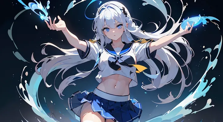 brilliance、Whole body、(one girls:1.5)、white  hair、(White uniform:1.4)、(Skirt High School Student:1.3)、(Navy blue skirt 1.4)、(shortsleeves:1.2)、(a navel:1.3)、(blue eyess:1.6)、(length hair:1.2)、Taoist、Dynamic Illustration、​masterpiece、blue flames、attacking w...