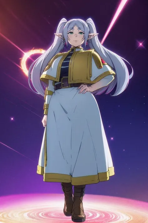 1girl,solo,elf,white hair,grey hair,earrings,pointy ears,long hair,ponytail,green eyes,twintails,parted bangs,thick eyebrows,,, holy magicalgirl, open mouth fang, holy haura, halo, smile, joyfull, paladin, sword holding, full body , boots, standing,cute,br...