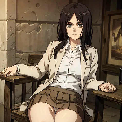 (((Pieck))), 1girl, high-res, absurd res, masterpiece quality, , looking at viewer, hands on thighs, unbuttoned shirt, explicit, thigh focus, sitting down, legs spread, skirt, cameltoe