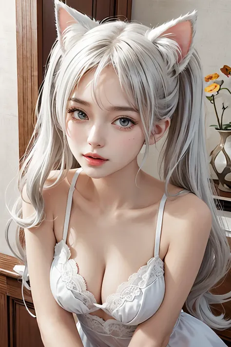 Femme à quatre pattes, le cul dans les airs, le dos en arc, face à lécran, beaux seins, double ponytails, cat ears, cheveux blanc, lingerie blanche,