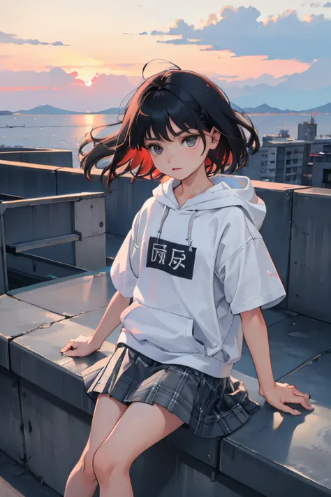 (child:1.2)，（​masterpiece，Highest Quality），Short sleeve hoodie，Grey plaid skirt，A dark-haired，The wind is blowing，On the rooftop