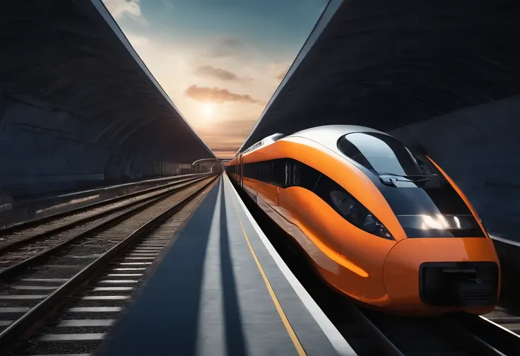 arafly colored orange train on tracks in a building with a sky background, train, supersonic trains and passengers, high speed trains, bullet train, future locomotive style, trains, transportation design render, digitally painted, jr sc maglev, train in a ...