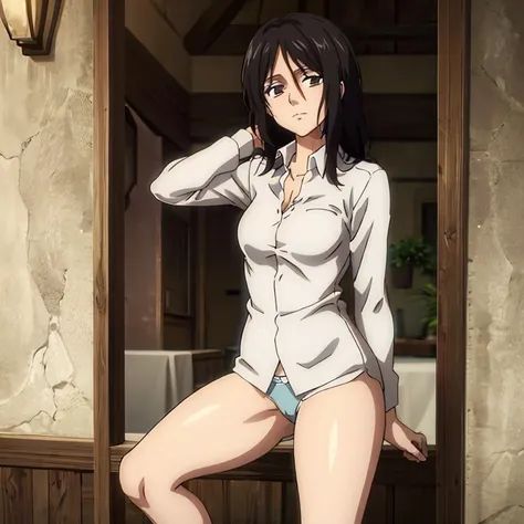 (((Pieck))), 1girl, high-res, absurd res, masterpiece quality, , looking at viewer, hands on thighs, unbuttoned shirt, explicit, thigh focus, legs spread to show panties