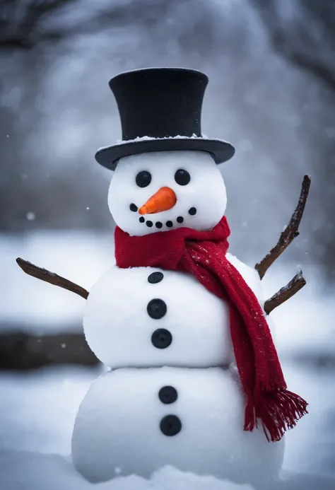 A high-resolution photograph of a beautifully sculpted snowman, complete with a carrot nose, coal eyes, and a festive red scarf, standing tall in a snowy landscape.