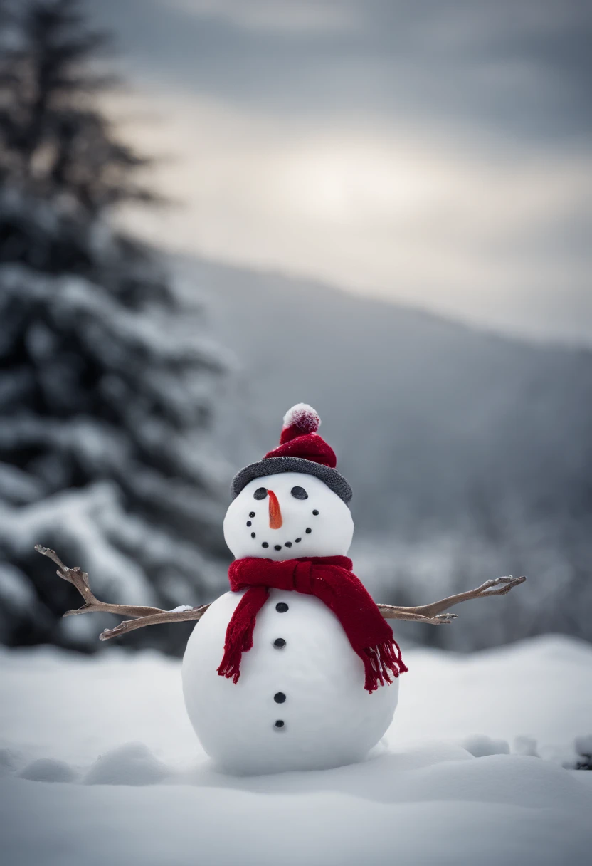 A high-resolution photograph of a beautifully sculpted snowman, complete with a carrot nose, coal eyes, and a festive red scarf, standing tall in a snowy landscape.