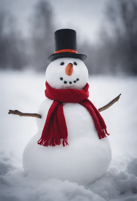 A high-resolution photograph of a beautifully sculpted snowman, complete with a carrot nose, coal eyes, and a festive red scarf, standing tall in a snowy landscape.