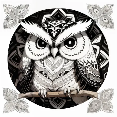 owls、Zentangle, Fine line art, thin line art, Coloring Illustration Style, Vector art, White and black doodle illustration, at centre, white and black colors, Splashes and stains on paint, adobe ilustrator, high detailing, white backgrounid