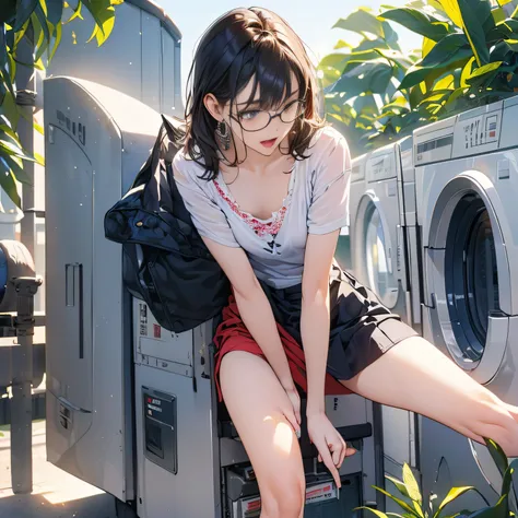 (looking away, shift off center, cinematic perspective), 1woman, (((Precise facial depiction))), (((X stands for the laundry machine in this prompt))), ((put on her leg X))), (((X and crotch are touching))), (orgasm face), small earrings, small breast, tig...