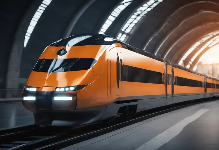 arafly colored orange train on tracks in a building with a sky background, train, supersonic trains and passengers, high speed trains, bullet train, future locomotive style, trains, transportation design render, digitally painted, jr sc maglev, train in a ...