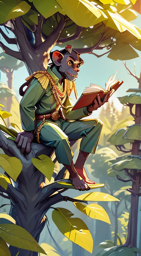 create an image of a young chimpanzee that is small and thin, and wears golden princes clothes, and is on top of a tree. is holding a book, handing the book to a human businessman, who is on the ground facing the tree. in the style of the movie Planet of t...