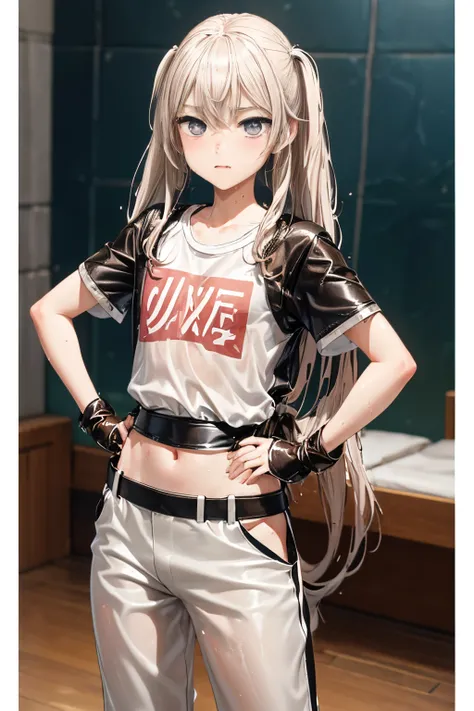realisticlying、女の子 1 人、ligh brown hair、Longhaire、((Twin-tailed))、cowboy  shot、radiant eyes、((Wet white t-shirt)), pointed Nipple、((leather pant))、Taken from the front, ((Put your hands on your hips))