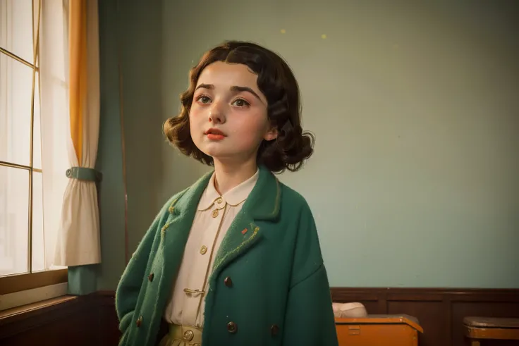 1955, Italy. Pre-raphaelite ((((10-year-old)) Momo)), a girl with messy short hair, oversized coat, ((happiness expression)), ((((big and unkempt Clothing from the 1950s)))), ((Hairstyle of the 1950s)), ((Wes Anderson cinematic style)), colorful