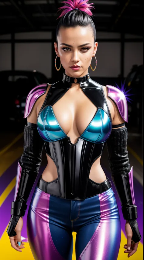 photo of woman, sexy, large breasts, punk, black hair, one side shaved head, (Brie Larson:Britney Spears:0.25), [stanleylau style|uodenim style], armor suit, hips, sensual, shinny skin, oily skin, tattoos, close up, face focus, detailed face, lips, choker,...