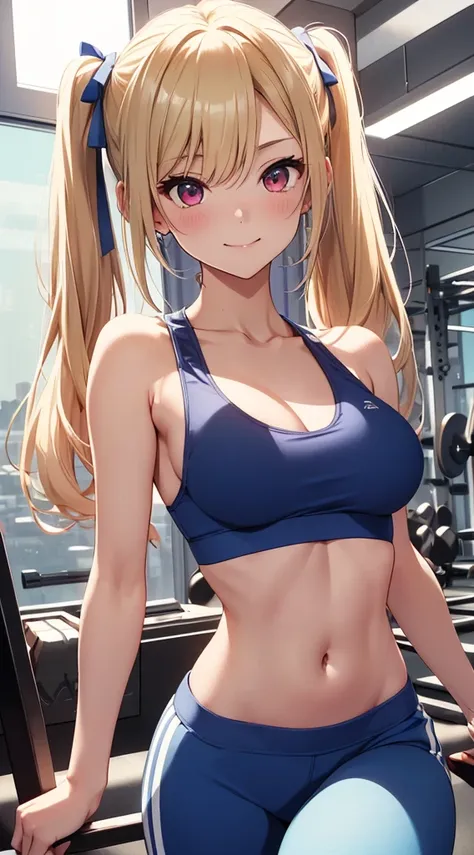 top-quality、Top image quality、​masterpiece、girl with((18year old、Blue Sports Bra、Blue sports pants、Best Bust、Bust 90、Blonde twintails、Red Eyes、open chest wide、Valley、Happiness、A slender、ssmile,fitness)）hiquality、Beautiful Art、Background with((sports club))...