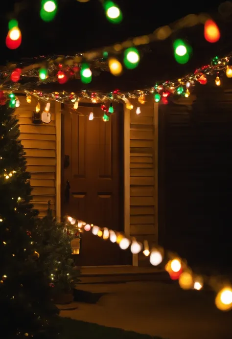 A detailed close-up shot of intricately arranged Christmas lights on a house facade, showcasing different colors and patterns, and capturing the festive spirit of the season.