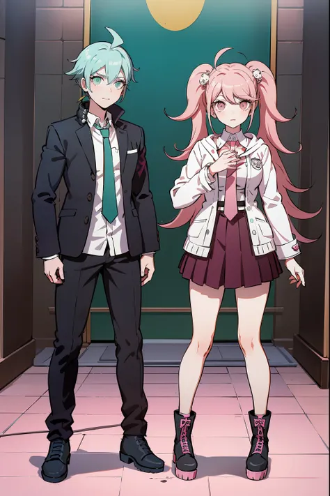 (masterpiece), best quality, expressive face, two aqua pigtails half pink hair, kpop, crazy look, big platform boots, danganronp...