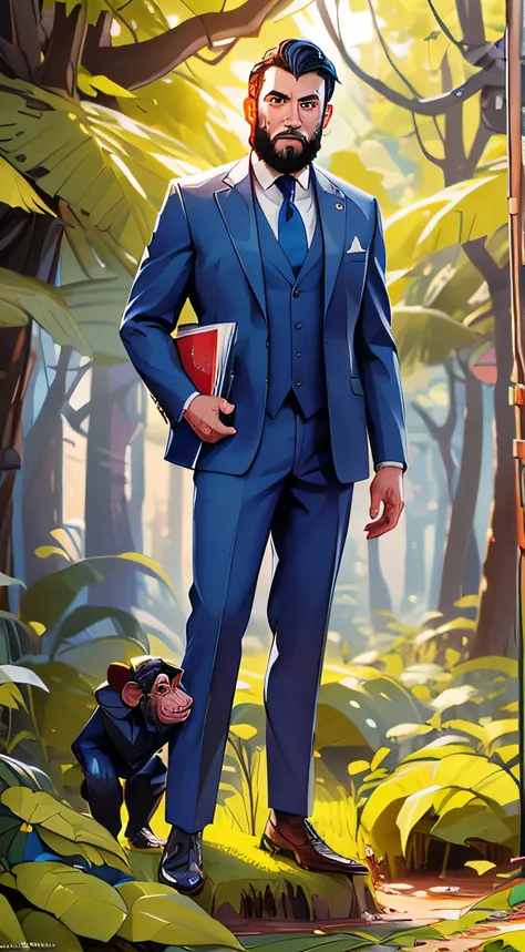 Create the image of a businessman man, with short black hair and beard, and is wearing a blue suit. the man who is standing in front of a tree. In the tree there is a small chimpanzee, young and thin, in the style of the film Planet of the Apes. They are i...