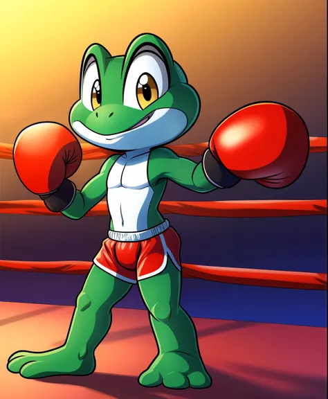 Naven the boxing green frog, red boxing shorts, light yellow eyes, tiny toons style, full body view