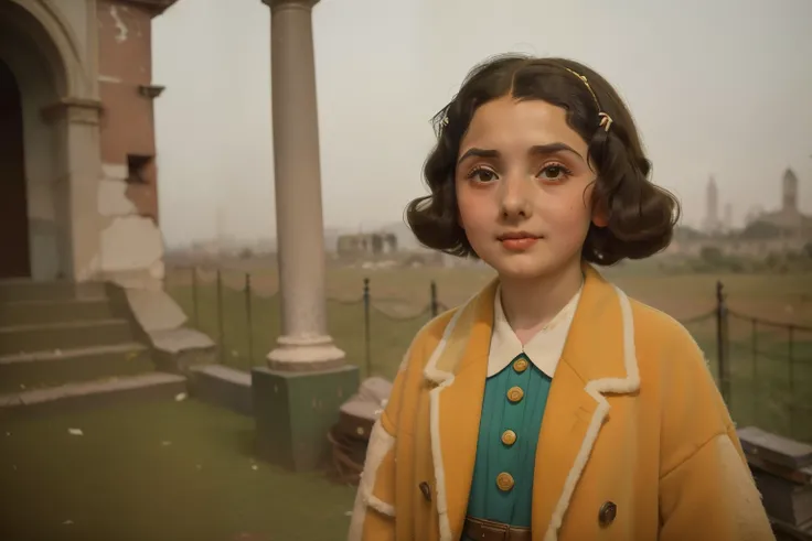 1955, Italy. Pre-raphaelite ((((10-year-old)) Momo)), a girl with messy short hair, oversized coat, ((happiness expression)), anphitheatre ruins, ((((big and unkempt Clothing from the 1950s)))), ((Hairstyle of the 1950s)), ((Wes Anderson cinematic style)),...