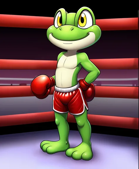 Naven the boxing green frog, red boxing shorts, light yellow eyes, tiny toons style, full body view