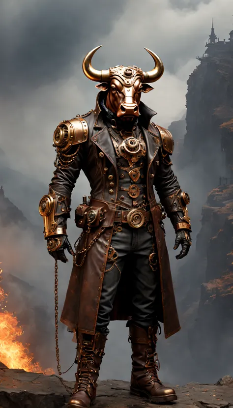 steampunc，((Anthropomorphic bull))，musculous，Steampunk clothing，Mechanical gears integrated into clothing，Intricate patterns on clothing，sturdy leather boots，Steam power accessories，Brass buttons and buckles、copper accents、metal arm gloves、Gears and cogs p...