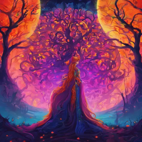 "(Best Quality, hight resolution, Ultra-detailed), Goddess casting mysterious glowing spells in a haunted forest, Shades of orange and purple, Portraits, Vivid colors, extreme detail description, Sharp Focus, Physically-based rendering, Studio Lighting, Ho...