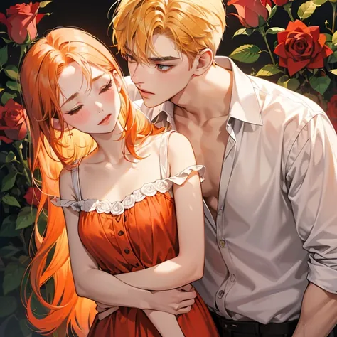 (absurdres, highres, ultra detailed), couple, 1 boy blonde hair, 1 girl with red-orange hair, different hair color, (1 female with long red-orange hair wearing green nightgown, blushing, facing the front), (1 tall male with blonde hair, wearing a white shi...