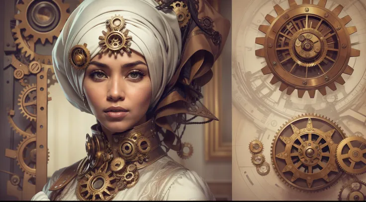 Design a steampunk-inspired portrait where the Malay woman in hijab wears a Victorian-era corset and gears-adorned attire, white hijab, surrounded by intricate steampunk machinery, symbolizing creativity and innovation,