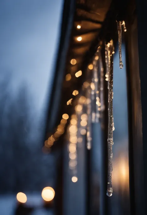 A high-resolution photograph of icicle lights hanging from the eaves of a house, with shimmering drops of faux ice reflecting the surrounding winter landscape.