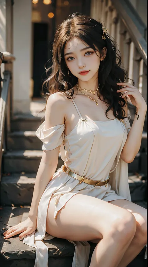 ((realistic)), a young girl, beautiful teenage girl, white slip dress, draped in silk, cropped shoulders, slim, slimming the wai...