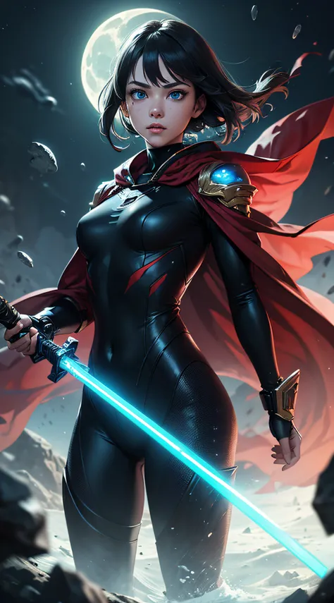 top-quality、Top image quality、​masterpiece、hiquality、Beautiful Art、masutepiece、visualart、depth of fields、male people((in her 20s、well-muscled、Black and red bodysuit、shout、Laser sword dual wielding、Glowing chest、mechanical cloak、blue eyess、Planktonic)),Back...