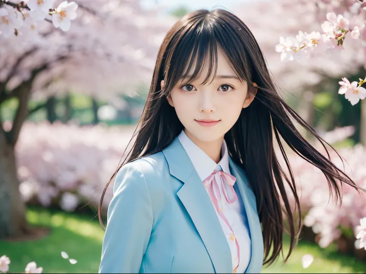 (Close up portrait of slender small breasts two side up  hair girl in pastel colored jacket and shirts:1.5)、(A girl open her arms wide with small smile and her hair fluttering :1.5)、(Rows of cherry blossom trees in full bloom and cherry blossom petals danc...