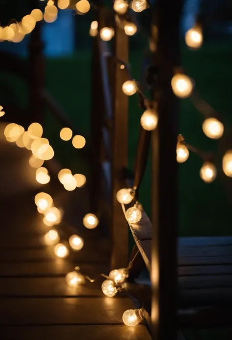 A detailed shot of Christmas lights wrapped around a porch railing, illuminating a cozy seating area and creating a charming spot for outdoor holiday gatherings.