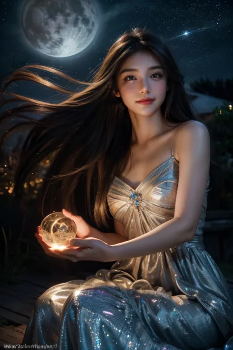 (best quality,4k,8k,highres,masterpiece:1.2),ultra-detailed,(realistic,photorealistic,photo-realistic:1.37), long hair, beautiful detailed eyes, beautiful detailed lips, extremely detailed eyes and face, bright smile, girl, stars, night sky, flowing dress,...