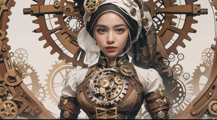 Design a steampunk-inspired portrait where the Malay woman in hijab wears a Victorian-era corset and gears-adorned attire, white hijab, surrounded by intricate steampunk machinery, symbolizing creativity and innovation,