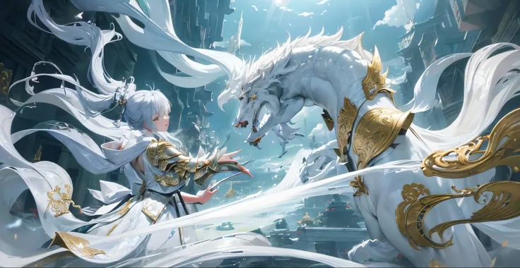 silvery white chinese dragon，Large Scene，surrounded by clouds of white，Cinematic visuals，myth，exquisite detailing，K HD，Fairy style，hazy、fight the samurai、gilded armor、Luxurious jewellery、8k、realisitic、Three-dimensional feel like a photo、High pixel、high-cla...