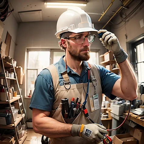 Create an image that represents the importance of the Electrician professional. The image must be visually attractive and show the professional working and convey a positive message about the white man profession --auto --s2