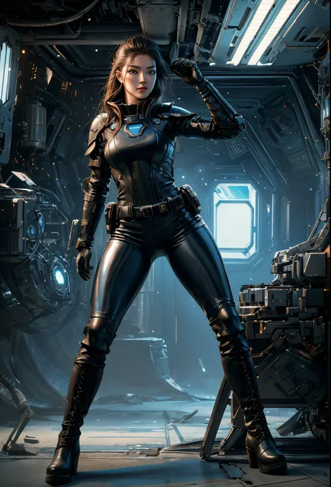 ((best quality)), ((masterpiece)), ((ultra-realistic)), (dynamic sexy pose), Jim Lees sublimely detailed soft oil painting, professional body shot, female sci-fi warrior, ((wearing clear skin) tight tight sexy futuristic armor )), ((tight leather pants)), ...