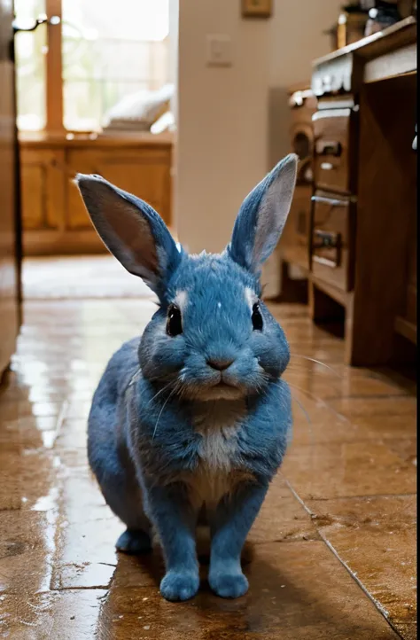 blue real rabbit，standing on your feet，soothing，cartoony