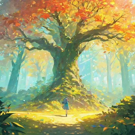 "A tree with bright rainbow-colored leaves, Casting its majestic shadow over an enchanting fantasy village."