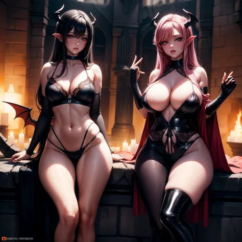 （8K ，hyper-detailing，ultra real photo，Best masterpiece，natural，Perfect artwork，Perfect female body），Two cute busty girls ，Hair color，（Big tits），Hell succubus，，Flirtatious，in a dark ugly palace，Volcanic lava and bone decoration，cruel hell，bloody river，Weari...