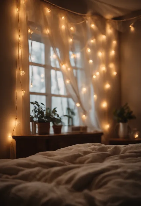 An aesthetic image of string lights delicately draped across a bedroom, casting a soft and dreamy glow, perfect for creating a cozy and magical retreat during the holiday season.