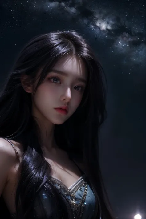 (a girl,night sky,starry sky,close up shot), (illustration,painting), (beautiful,long hair), (sparkling stars,moonlight), (best quality,ultra-detailed), (romantic,colorful), (soft lighting,gentle glow), (no revealing outfits)