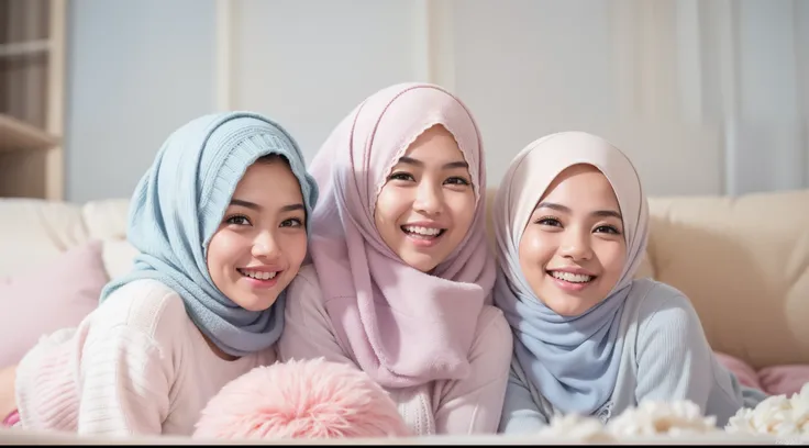 3 malay girls, (happy smile, laughing: 1.3), 8k, RAW portrait of malay girls with pompom plain hijab, 80mm, ultra high resolution, top quality, wear knitted pyjamas, top view, (looking up at the viewer from below), big, modern grey pastel living room, bed,...