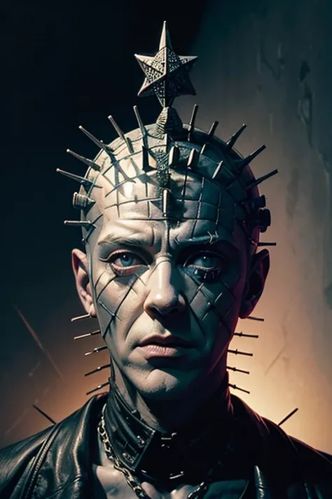 Close-up portrait of a person with a pinhead on his head, Hologram by John Mossman, flickr, neo-dada, Hellraisers Pinhead, Hellraiser, Clive Barker, 8 0s Horror Movie Film Stills, Stan Winston, horor", horor", cronenberg automata, Rick Baker, full - view, ...