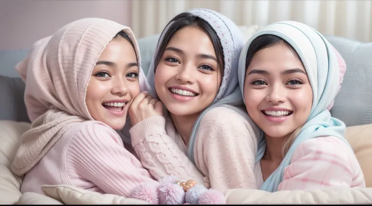 3 malay girls, (happy smile, laughing: 1.3), 8k, RAW portrait of malay girls with pompom plain hijab, 80mm, ultra high resolution, top quality, wear knitted pyjamas, top view, (looking up at the viewer from below), big, modern grey pastel living room, bed,...