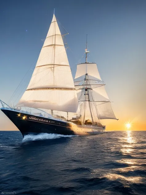 In a breathtaking scene, a resplendently majestic solar sailer glides through a tranquil sky. by alex1shved It is a vibrant and opulent vessel, adorned with glistening golden accents and intricate celestial motifs. The image, a digitally enhanced photograp...