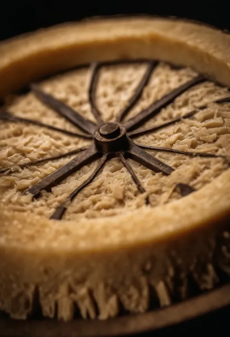 A detailed close-up shot of a wheel of aged Parmesan cheese, highlighting the distinctive crumbly texture and the intricate patterns on its rind.